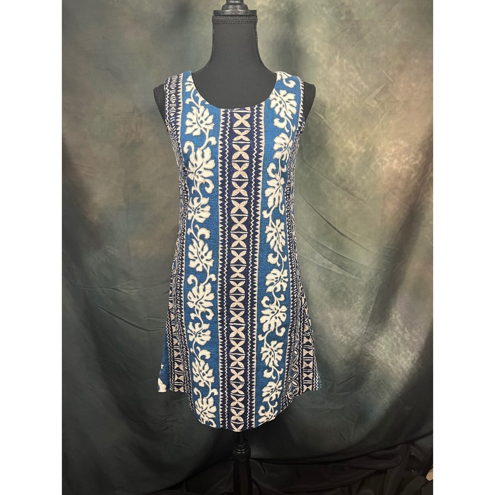 Shannon Marie Hawaii Vintage Blue Floral Barkcloth Shift Dress Sleeveless Small